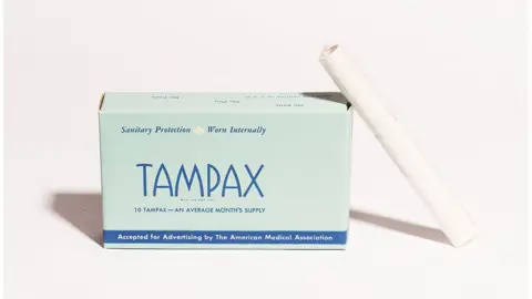 Getty Images An early box of Tampax, from the Museum of Menstruation's collection