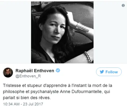 @Enthoven_/Twitter French philosopher Raphaël Enthoven tweets: "Sad to learn of the death of Anne Dufourmantelle."