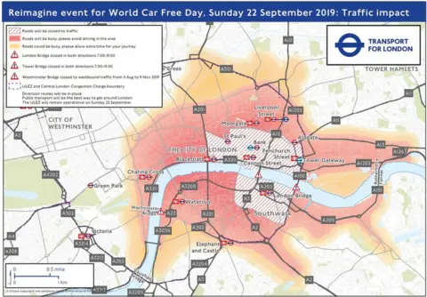 TfL Map of roads affected by Car Free Day