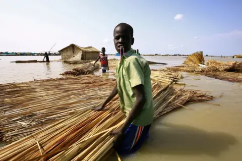 AFP South Sudanese refugees try to repair their home in flooded waters from the White Nile at a refugee camp which was inundated after heavy rain near in al-Qanaa in southern Sudan, on 14 September.