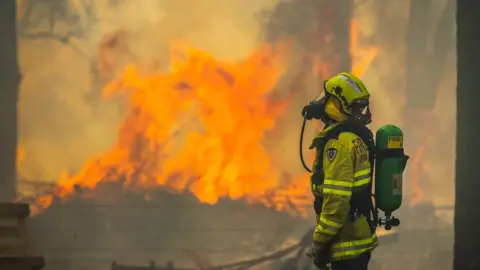 Getty Images Fire and Rescue NSW responds to a bushfire burning out of control near properties in South Taree on the Mid North Coast of NSW