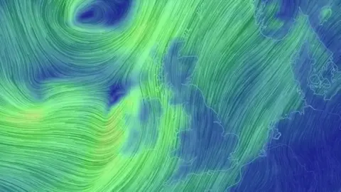 earth.nullschool.net Weather map showing storm over UK