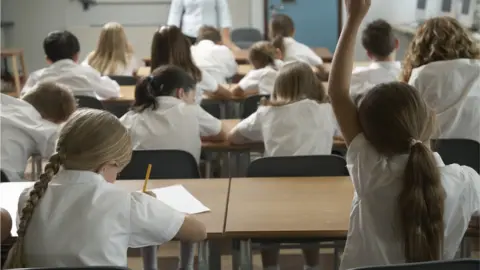 Getty/Ableimages Girl (8-10) raising hand in classroom, rear view - stock photo