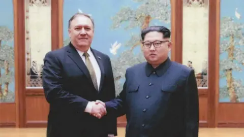 Reuters A U.S. government handout photo released by White House Press Secretary Sarah Huckabee Sanders shows U.S. Central Intelligence (CIA) Director Mike Pompeo meeting with North Korean leader Kim Jong Un in Pyongyang, North Korea in a photo that Sanders said was taken over Easter weekend 2018.