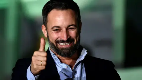 Getty Images Santiago Abascal, leader of Spain's far-right Vox party, celebrates his party's election result in Madrid, 10 November 2019