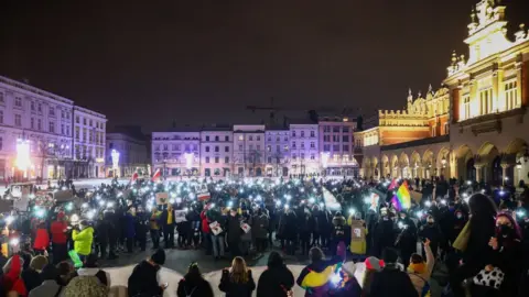 Getty Images Groups gathered in Krakow on Thursday to protest against the restrictions on abortion