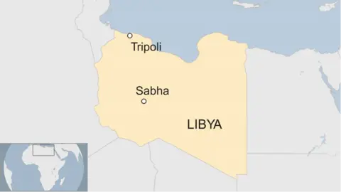 A map of Libya highlighting the cities of Sabha and Tripoli