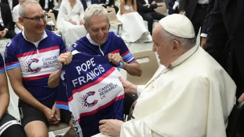 Vatican Media Andrew Gibson presents the Pope with a personalised cycling jersey