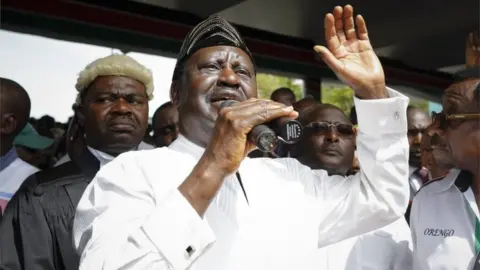 EPA Raila Odinga delivers a speech after "taking an oath" during the "swearing-in" ceremony in Nairobi, Kenya, 30 January 2018.