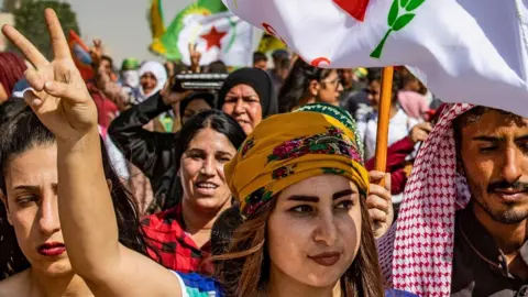 AFP Kurds protest near the Turkish border