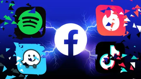 Getty Images Facebook logo next to Spotify, Tinder, Waze and TikTok logos