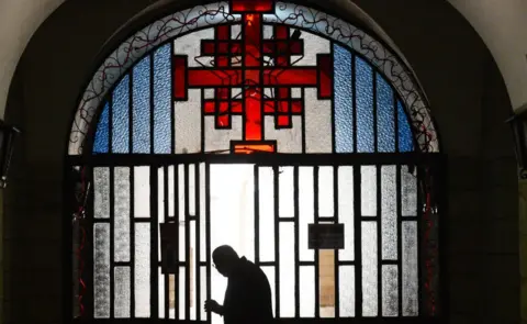Getty Images Jerusalem Cross on entrance to Franciscan Convent in Jerusalem, 14 March 2018