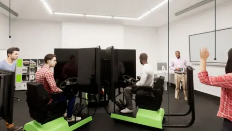AWW A room with a VR simulator with electronic screens in the middle, with several students sat around it