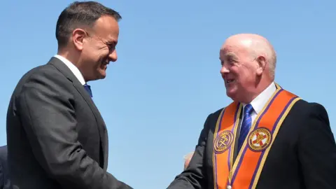 PACEMAKER Grand Master of the Grand Orange Lodge of Ireland Edward Stevenson welcomed Mr Varadkar to Orange Order HQ