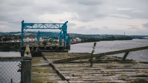 BBC Weeds growing through the timber decking on the eastern section of the staiths