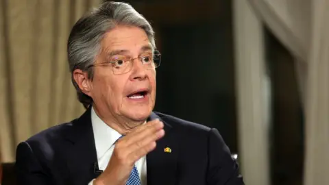EPA/Handout President of Ecuador Guillermo Lasso gives a message to the nation in Quito, Ecuador, 23 September 2021.