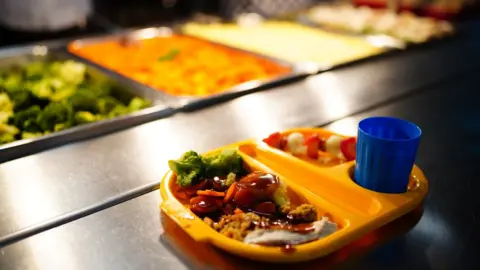 PA Media A school meal tray containing mashed potatoes, broccoli, a fruit skewer and a blue cup