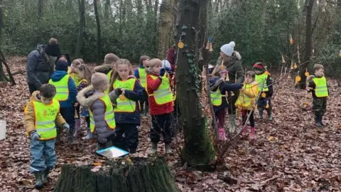 children learning in woods