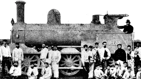 Getty Images Victorian black and white engraving of the completed engine which had been erected in a record 25 1/2 hours; London & North-West Locomotive Works Crewe; English Illustrated 1892 - stock illustration