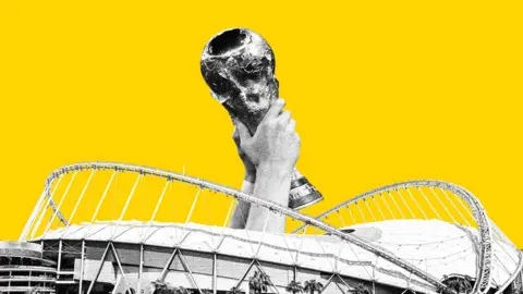 BBC The world cup is held aloft above a stadium in this composite graphic set against a bright solid yellow