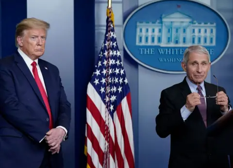 Getty Images Dr Fauci and President Trump speak to the media