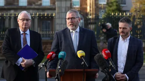 PA/Liam McBurney Ulster Unionist Party leader Doug Beattie along with Steve Aiken and Robbie Butler