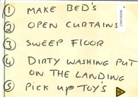 West Mercia Police The rules on Alfie's bedroom door reading: Make bed. Open curtains. Sweep floor. Dirty washing put on the landing. Pick up toys.