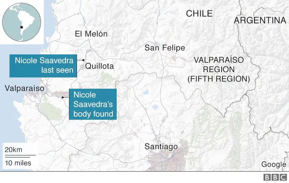 Map showing location where Nicole Saavedra was last seen and where her body was found