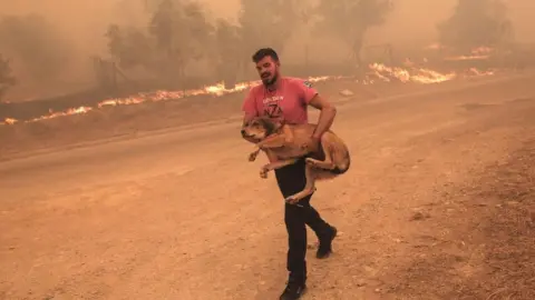 KOSTAS TSIRONIS/EPA-EFE/REX/Shutterstock A farmer rushes to evacuate his dog during a wildfire at the area of Fyli near Athens, Greece, 22 August 2022