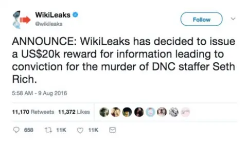 @wikileaks Tweet from @wikileaks reads: 'Announce: Wikileaks has decided to issue a US$20k reward for information leading to conviction for the murder of DNC staffer Seth Rich