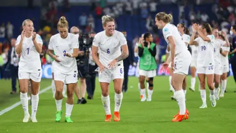 Getty Images South Yorkshire's Millie Bright (second from right) celebrates with members of the team after beating Spain