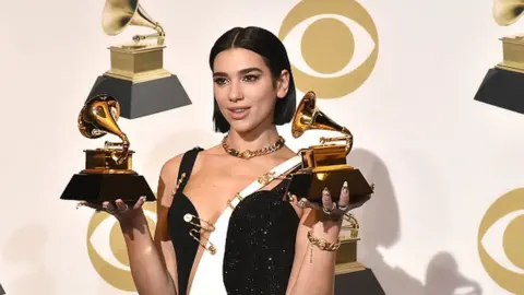 Getty Images Dua Lipa holds trophies at the 2019 Grammy Awards