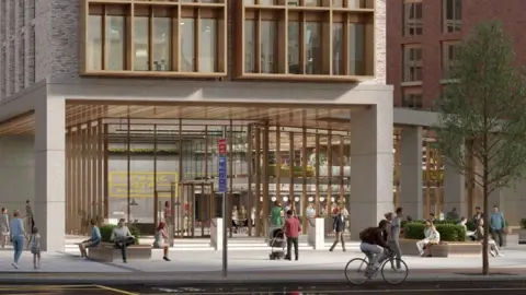 Watkin Jones Group and Lacuna Developments View of the main entrance plaza and double height entrance space at Titanic Quarter Student Village