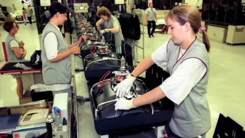 Assembly line at the Sony television plant, Pencoed, Bridgend, South Wales January 2005