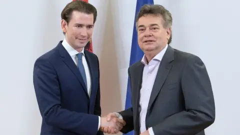 AFP/Getty Sebastian Kurz, left, shaking hands with Werner Kogler, right