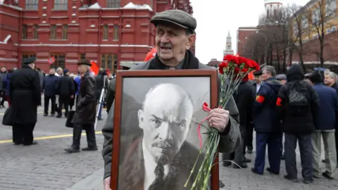 Shutterstock Man holds portrait of Lenin