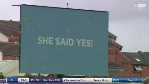 Sky Sports Sign saying 'She Said Yes!'