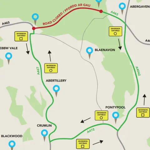 @A465section2 / Twitter The diversion map for the Heads of the Valleys road works