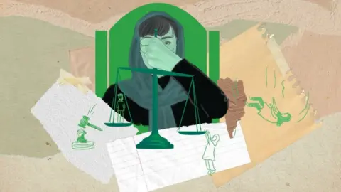 BBC Collage showing prosecutor holding scales of justice and illustrations of gavel. Illustration by Jilla Dastmalchi