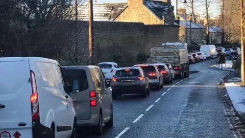 BBC Traffic congestion building up in Corbridge as a result of the crash