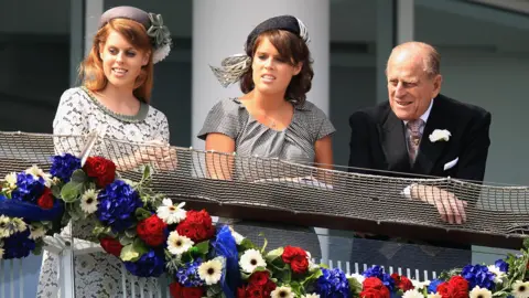 Getty Images Princess Beatrice, Princess Eugenie and Prince Philip, Duke of Edinburgh at the Derby Festival in 2012