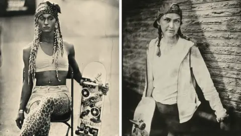 Jenny Sampson Composite of two portraits of skateboarders, Jasmine and Amelia