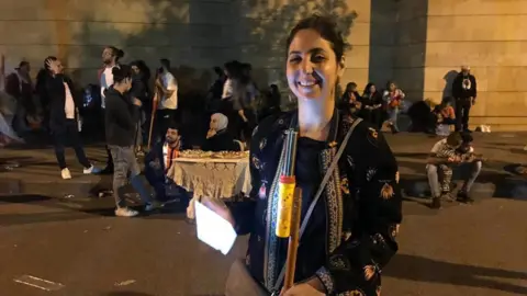 BBC Lara Kais at a protest camp outside the headquarters of EDL in Beirut, Lebanon