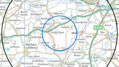 Defra Defra released this map showing the protection zone (black circle) and area of outbreak (blue inner circle).