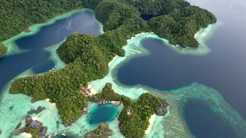 BBC Aerial shot of land and sea around Labengki Island