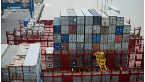 Container ship at Felixstowe port in Essex