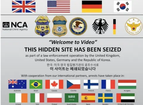 NCA UK A "this site has been seized" screen is shown here with the logos of US, UK, German and other law enforcement agencies