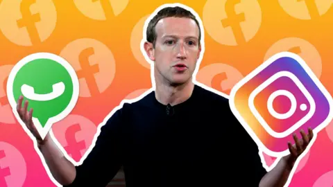 Getty Images Mark Zuckerberg holds the logos of Whatsapp and Instagram in his raised hands in this photo illustration