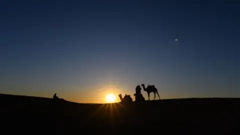 Getty Images Camels are pictured at sunset prior the arrival of the competitors during the desert trek "Rose Trip Maroc", on November 1, 2019 in the erg Chebbi near Merzouga. - The Rose Trip Maroc is a female-oriented trek where teams of three must travel through the southern Moroccan Sahara desert with a compass, a map and a topographical reporter.