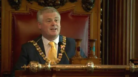 BBC Lord mayor Michael Long addresses councillors at May's council meeting